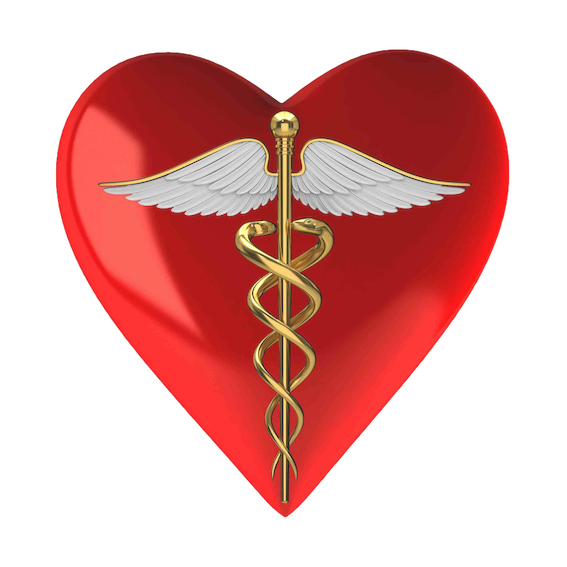 Red heart shaped logo with gold ancient Caduceous symbol